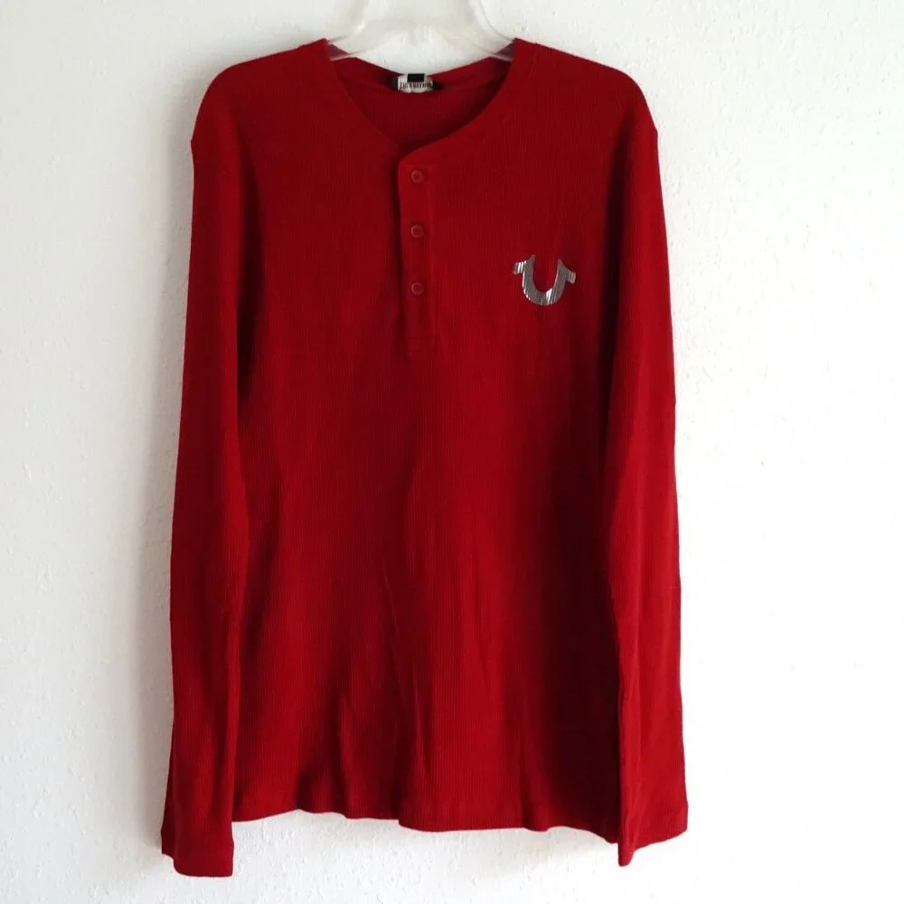 True Religion Henley Shirt Men's Size M Red Long Sleeve Waffle Logo Cotton